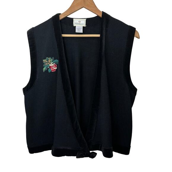 Susan Bristol Vintage Black Wrap‎ Vest Embroidered Wool Blend Womens Large Top - Picture 1 of 6